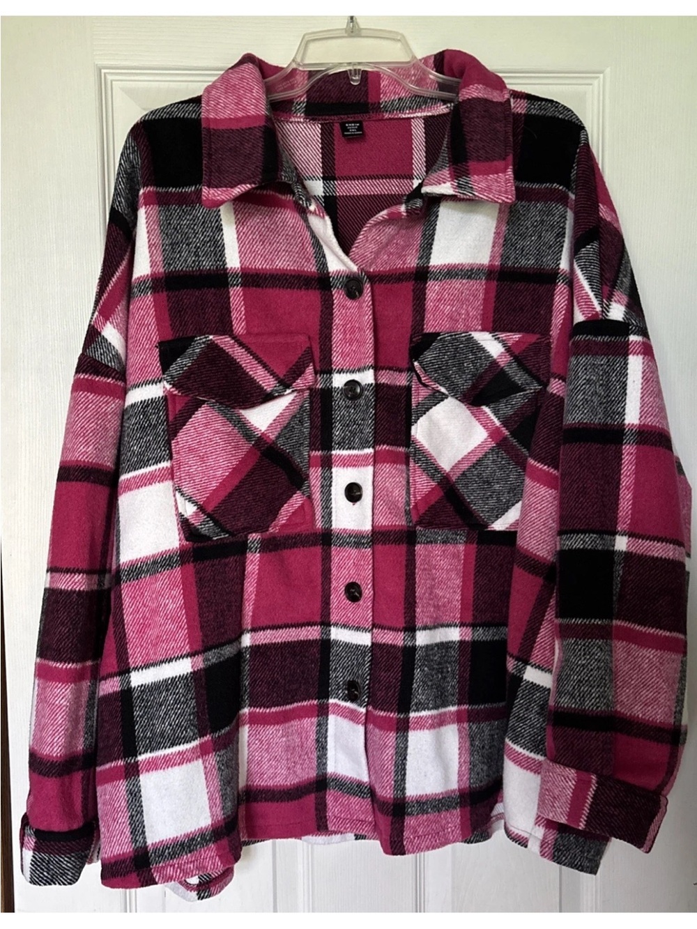 Shein Curve Plaid Flannel Shirt Jacket 3XL Pink White Black Grunge Polyester